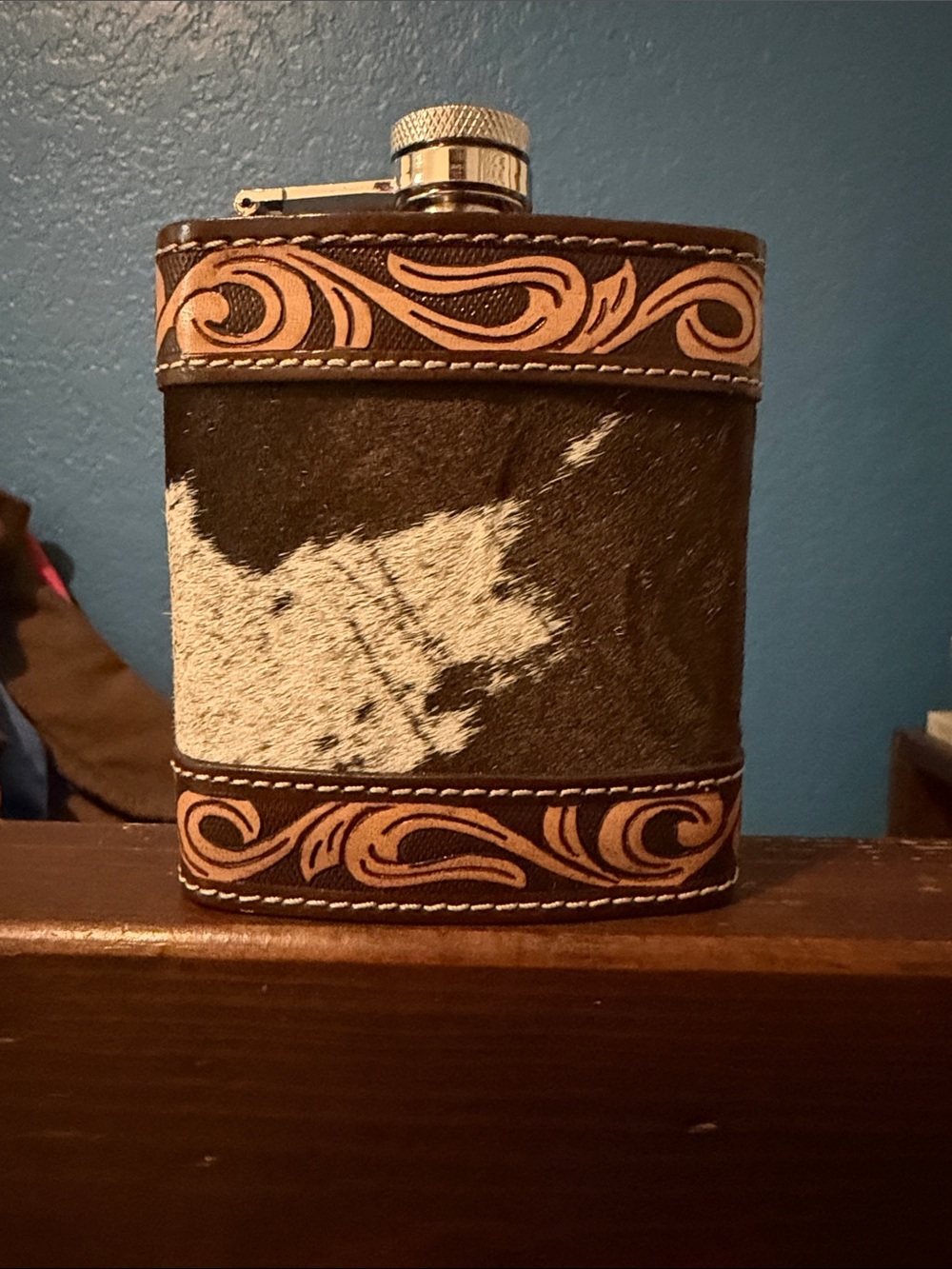 Leather-Trim Cowhide Hip Flask - Black & White